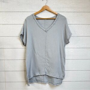 La Miel Gauze Cotton V-Neck Top Dusty Blue Hi-Low Frayed Hem Boho Beach Coverup